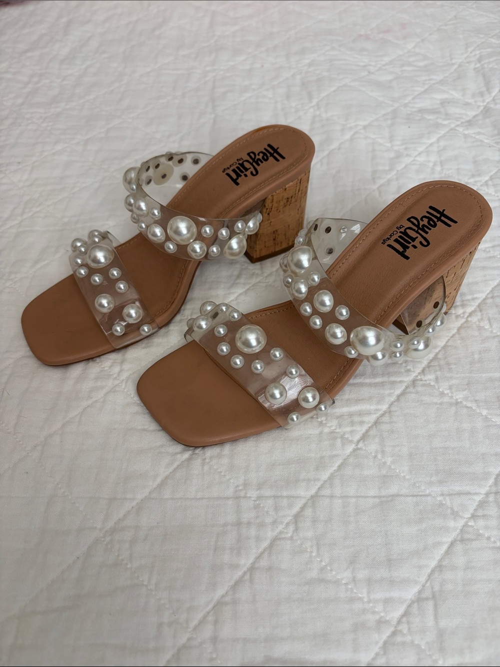 Corkys Tan Slide Heels with Pearl-Embellished Clear Straps